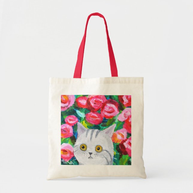 Niedlicher grauer Tisch Katze mit Blume Hübsche Ma Tragetasche (Vorne)
