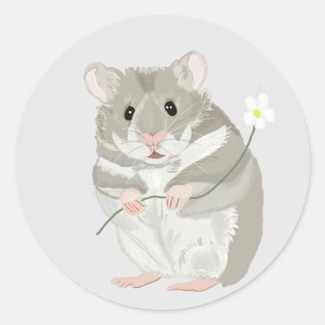 Niedlicher, grauer und weißer Hamster mit einer Bl Runder Aufkleber (Vorderseite)