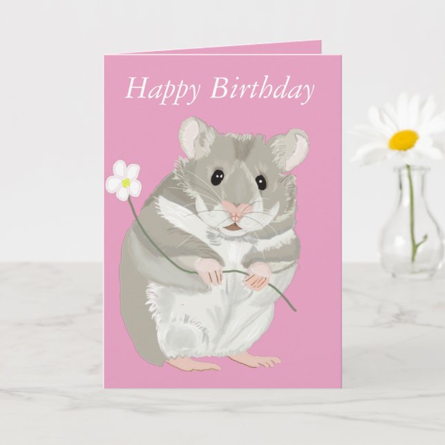 Niedlicher, grauer und weißer Hamster mit Karte (Kleine Pflanze)