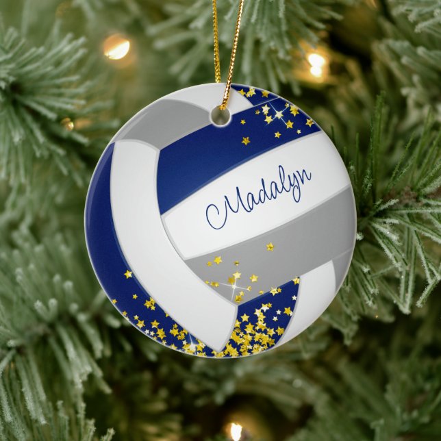 niedlicher grauer Volleyball mit goldenen Sternen Keramik Ornament (Baum)