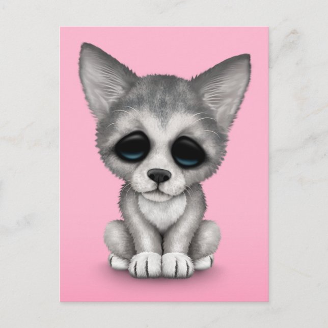 Niedlicher Grauer Wolf Cub Welpe auf Pink Postkarte (Vorderseite)