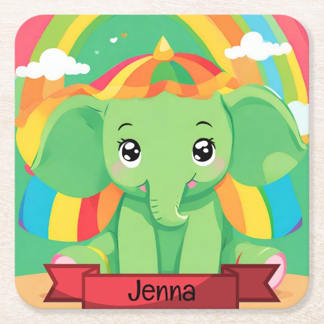 Niedlicher Green Baby Elephant Rainbow Individuell Rechteckiger Pappuntersetzer (Vorderseite)