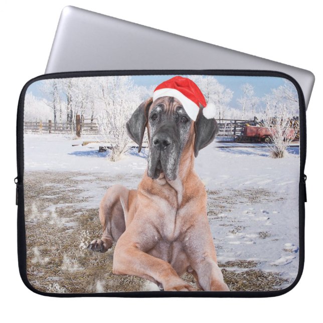 Niedlicher Großer Däne Hund sitzend im Schneehuhhu Laptopschutzhülle (Vorderseite)