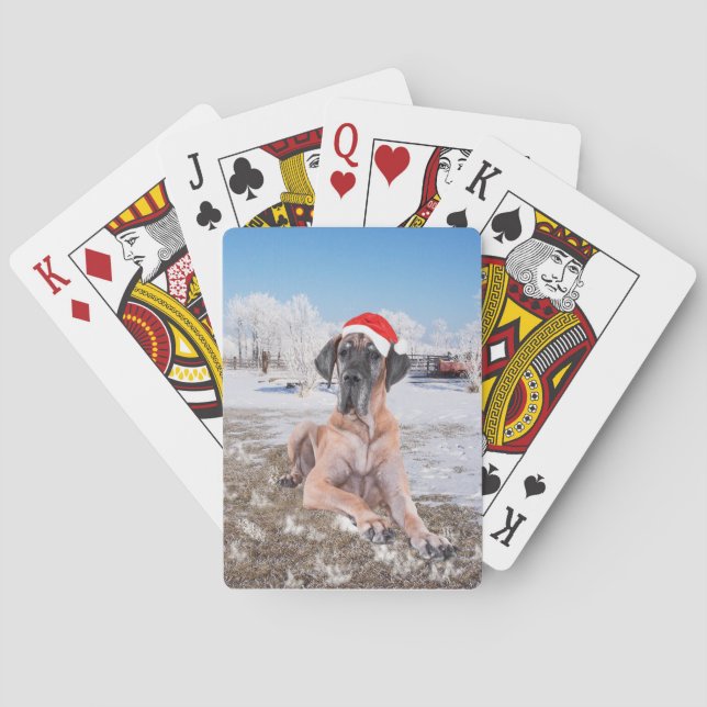 Niedlicher Großer Däne Hund sitzend im Schneehuhhu Spielkarten (Rückseite)