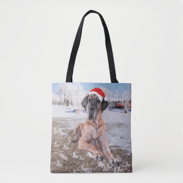 Niedlicher Großer Däne Hund sitzend im Schneehuhhu Tasche (Vorderseite)