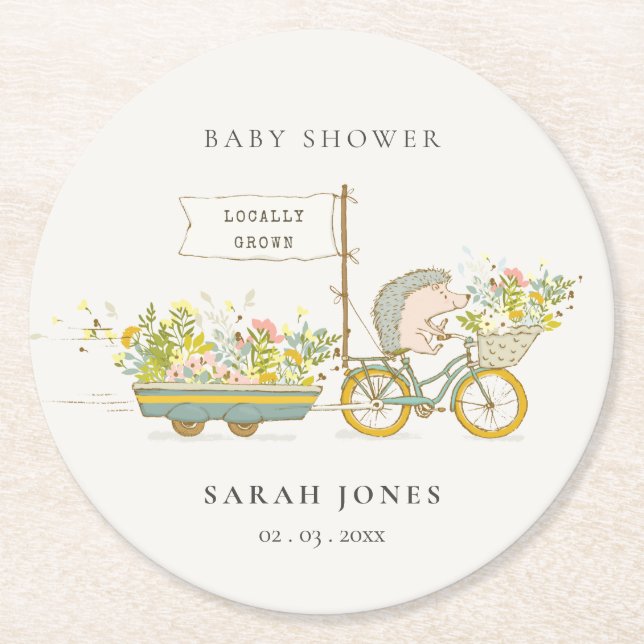 Niedlicher Grown Igel Flora Bike Babydusche Runder Pappuntersetzer (Vorderseite)