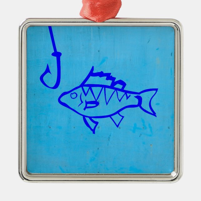 Niedlicher grunblauer Fisch und Angelhaken Ornament Aus Metall (Vorne)