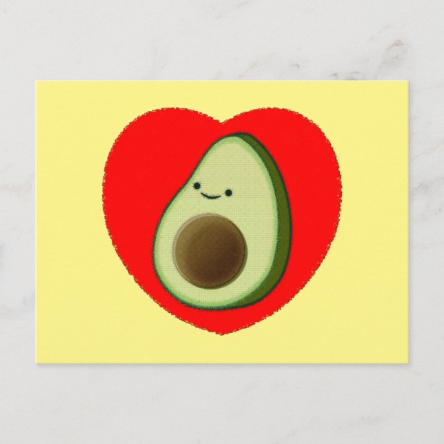 Niedlicher grüner Avocado-Cartoon im roten Herzen Postkarte (Vorderseite)