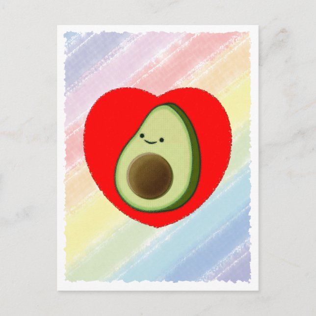Niedlicher grüner Avocado-Cartoon in Rotem Herzen Postkarte (Vorderseite)