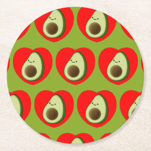 Niedlicher grüner Avocado-Cartoon in Rotem Herzen Runder Pappuntersetzer