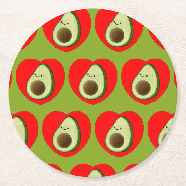 Niedlicher grüner Avocado-Cartoon in Rotem Herzen Runder Pappuntersetzer (Vorderseite)