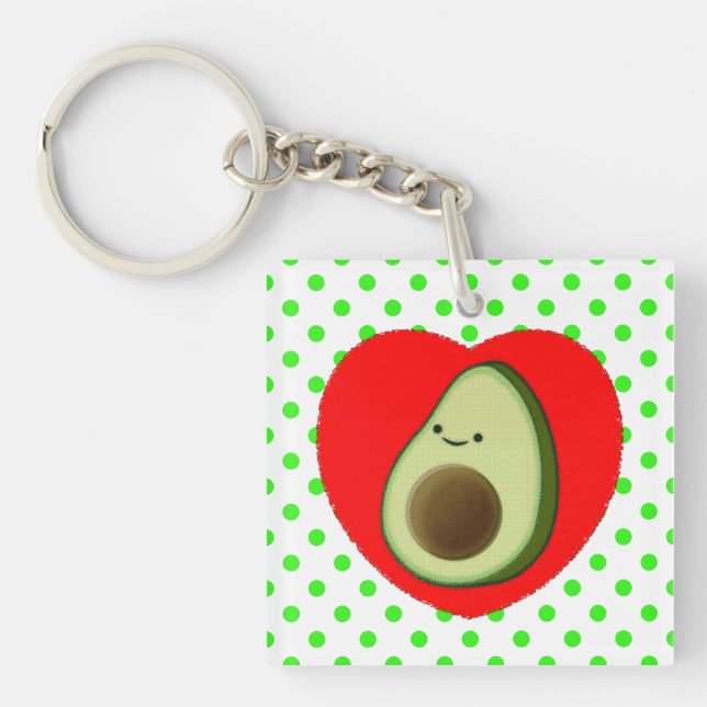 Niedlicher grüner Avocado-Cartoon in Rotem Herzen Schlüsselanhänger (Vorderseite)