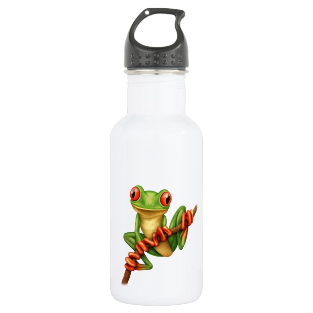 Niedlicher grüner Baum-Frosch auf einer Edelstahlflasche (Vorderseite)