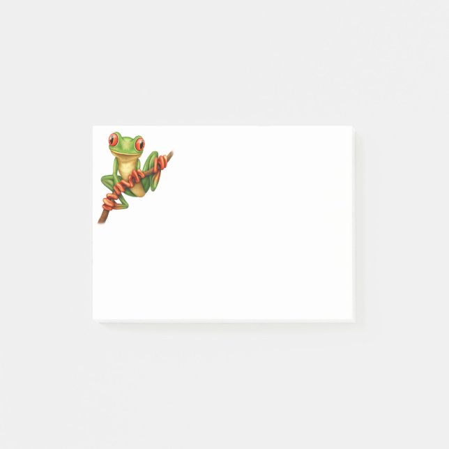 Niedlicher grüner Baum-Frosch auf einer Post-it Klebezettel (Vorderseite)