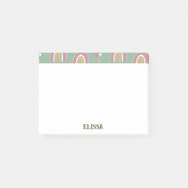 Niedlicher grüner Boho Rainbow Herzname Personalis Post-it Klebezettel (Vorderseite)