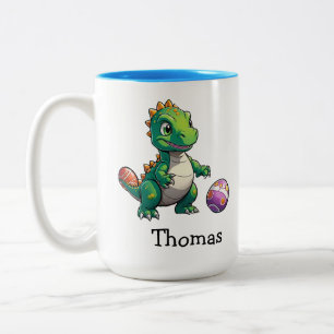 Niedlicher grüner Dinosaurier mit Ostereiern Zweifarbige Tasse