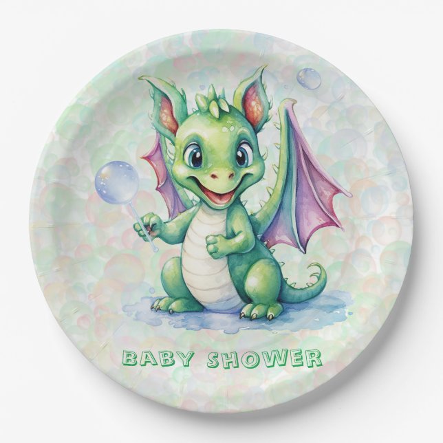 Niedlicher Grüner Drache mit Blasen Babydusche Pappteller (Vorderseite)