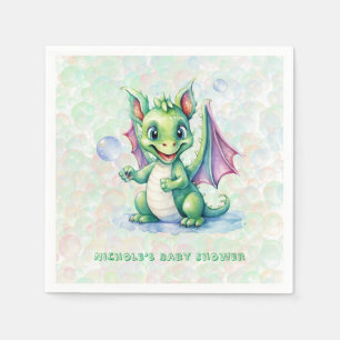 Niedlicher Grüner Drache mit Blasen Babydusche Serviette