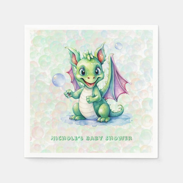 Niedlicher Grüner Drache mit Blasen Babydusche Serviette (Vorderseite)