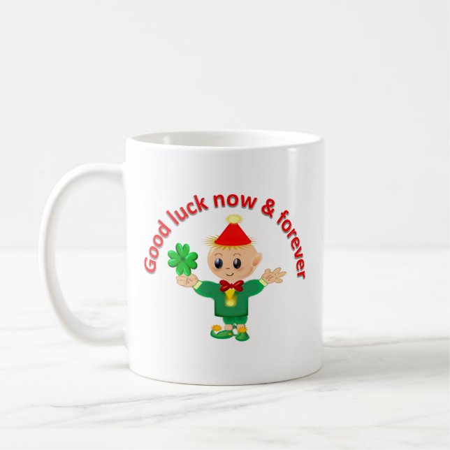 Niedlicher grüner Elf mit einem Kleeblatt Kaffeetasse (Links)