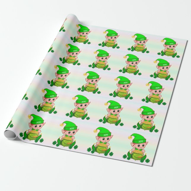 Niedlicher grüner Elf und Goldtopf in Pastellfarbe Geschenkpapier (Ungerollt)