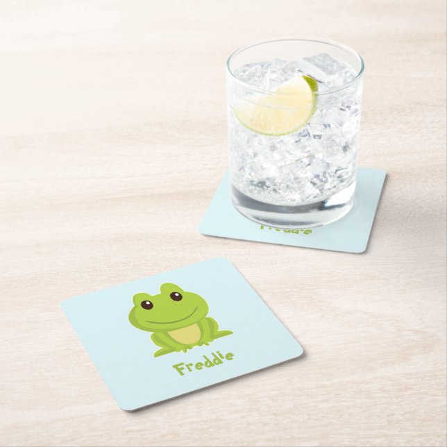 Niedlicher grüner Frosch auf blau Rechteckiger Pappuntersetzer (Vor Ort)