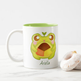 Niedlicher Grüner Frosch Holding Mexican Polvoron  Zweifarbige Tasse