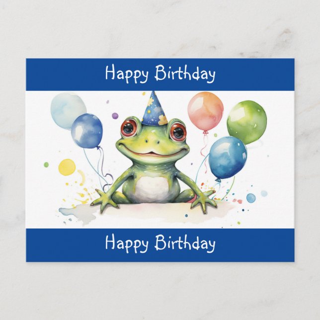 Niedlicher Grüner Frosch mit Ballons Glücklich Geb Postkarte (Vorderseite)