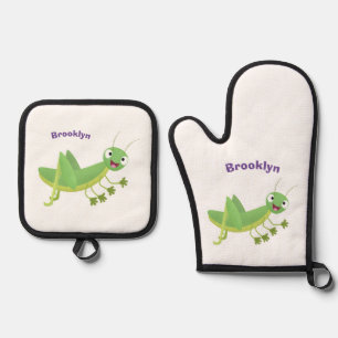 Niedlicher Grüner-Happy-Cartoon Ofenhandschuh & Topflappen-Set
