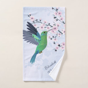 Niedlicher grüner Hummingbird Cherry Blossom Name Handtuch