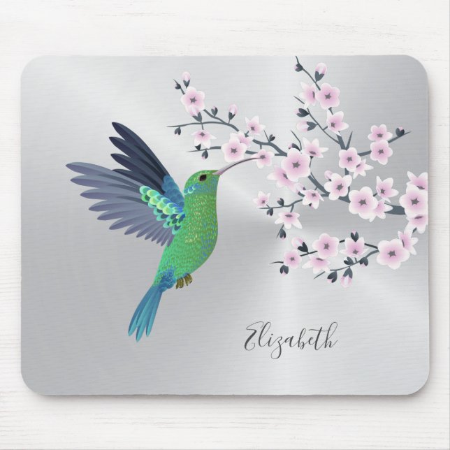 Niedlicher grüner Hummingbird Cherry Blossom Name Mousepad (Vorne)