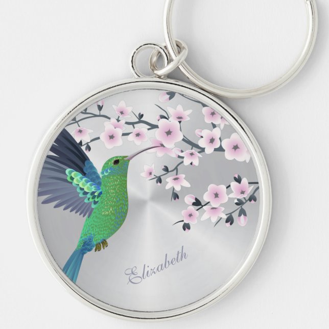 Niedlicher grüner Hummingbird Cherry Blossom Name  Schlüsselanhänger (Vorne)