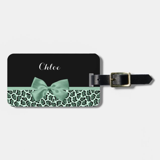Niedlicher grüner Jaguar Print Girly Jade Bow und  Gepäckanhänger (Vorderseite horizontal)