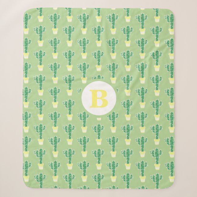 Niedlicher grüner Kaktus in Gelbtöpfen | Monogramm Sherpadecke (Vorderseite)