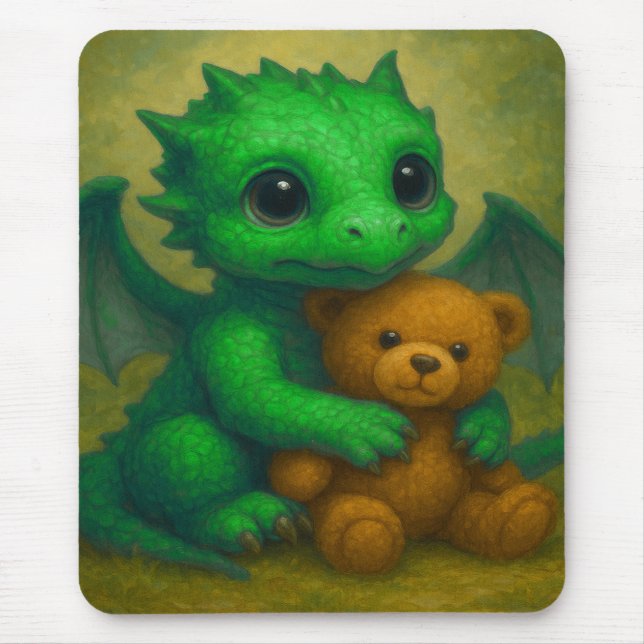 Niedlicher, grüner, Mit Augen Babydrache mit Teddy Mousepad (Vorne)