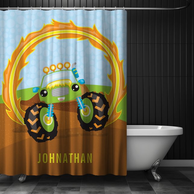 Niedlicher grüner Monster Truck Personalisiert Duschvorhang (Cute Boy Green Monster Truck Personalized Shower Curtain)
