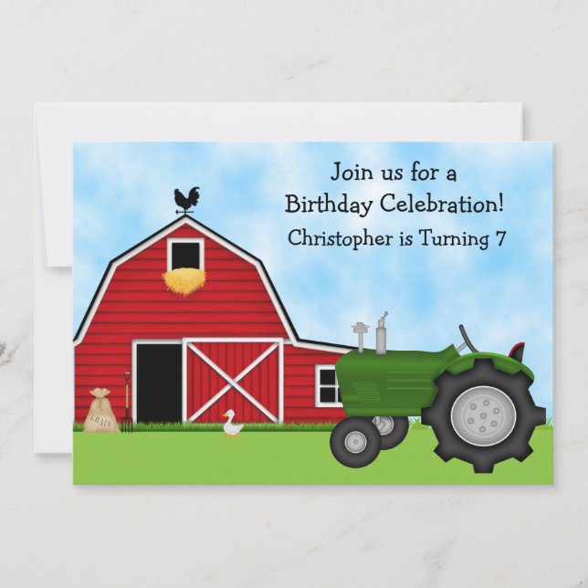 Niedlicher Grüner Traktor und Red Barn Boys Farm z Einladung (Vorderseite)