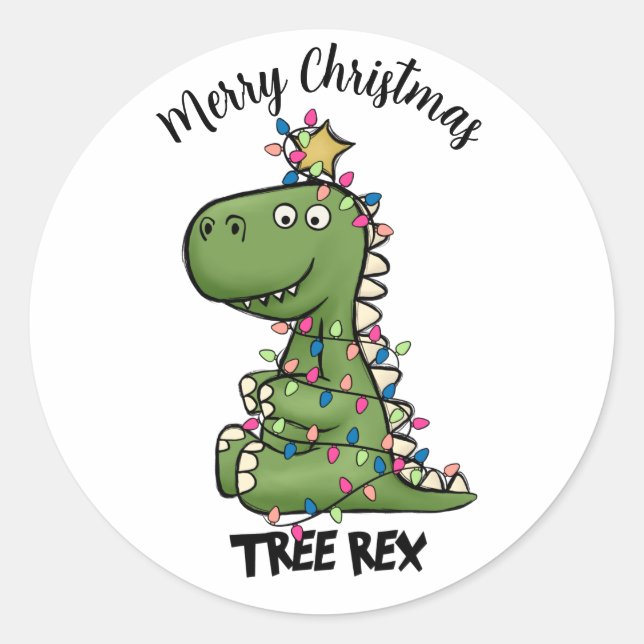 Niedlicher Grüner Tree Rex Dino Lights Frohe Weihn Runder Aufkleber (Vorderseite)
