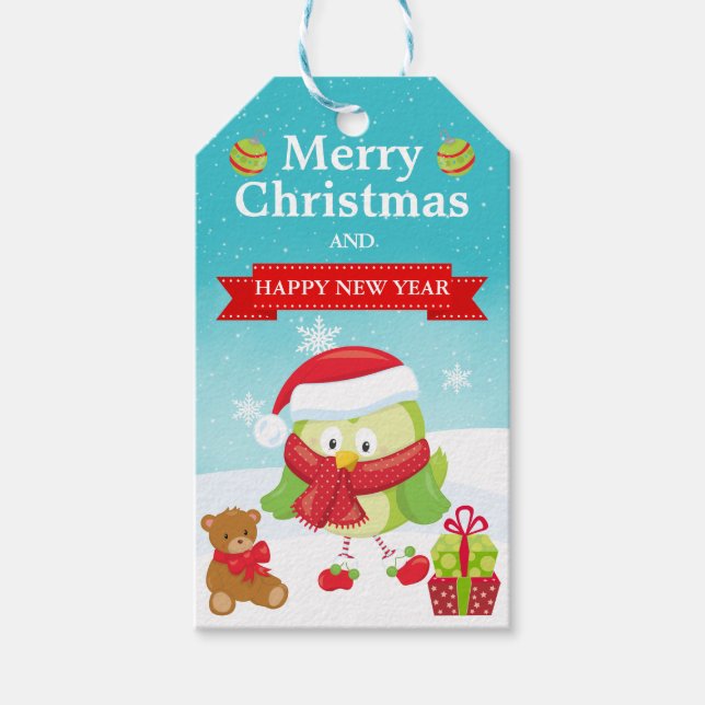 Niedlicher Grüner Vogel in der Weihnachtsmannmütze Geschenkanhänger (Vorderseite)