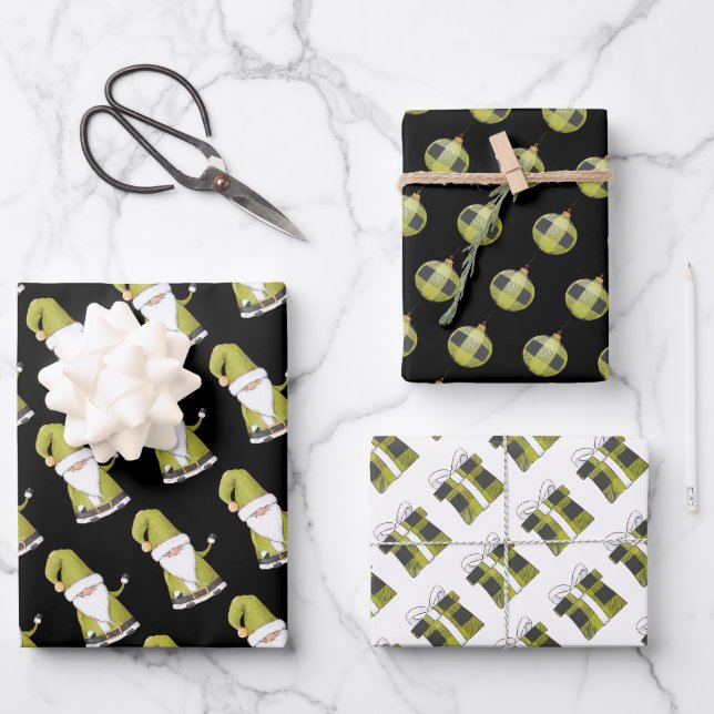 Niedlicher grüner Weihnachtsbummel, Ornamente und  Geschenkpapier Set (Vorderseite)