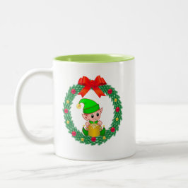 Niedlicher grüner Weihnachtself und Weihnachtskran Zweifarbige Tasse