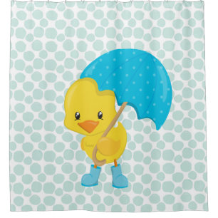 Niedlicher Gummi Ducky auf blauen Punkten Duschvorhang