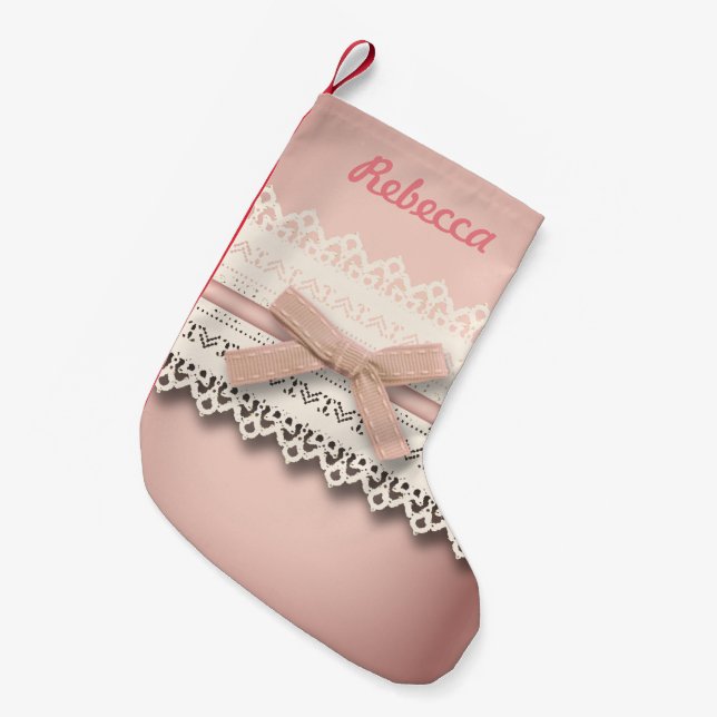 niedlicher gürteliger weißer Spitzen staubiger Ros Kleiner Weihnachtsstrumpf (Vorderansicht (hängend))