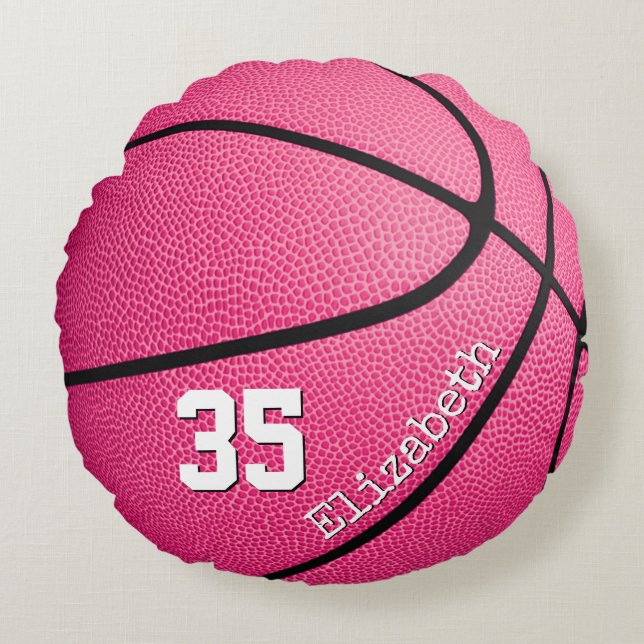 niedlicher, gürtelrosa personalisierter Basketball Rundes Kissen (Vorderseite)