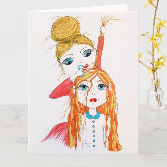Niedlicher Haarschnitt, Illustration Whimsical Art Karte (Gelbe Blume)