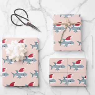 Niedlicher Hai in einer Weihnachtsmannmütze Light Geschenkpapier Set