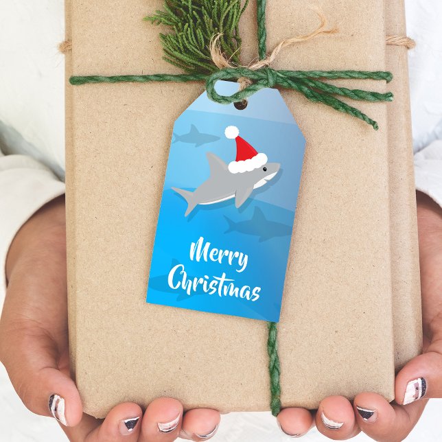 Niedlicher Hai Weihnachtsmannmütze Weihnachten Geschenkanhänger (Get these fun shark Christmas gift tags to add to your holiday.)