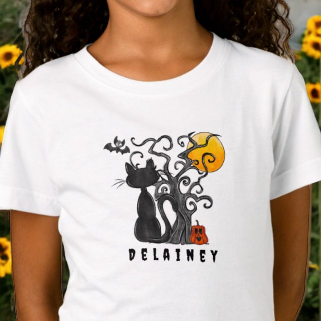 Niedlicher Halloween Black Cat Bat Name T-Shirt (Von Creator hochgeladen)