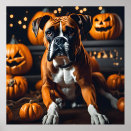 Niedlicher Halloween Boxer Dog w Pumpkins auf Okt- Poster