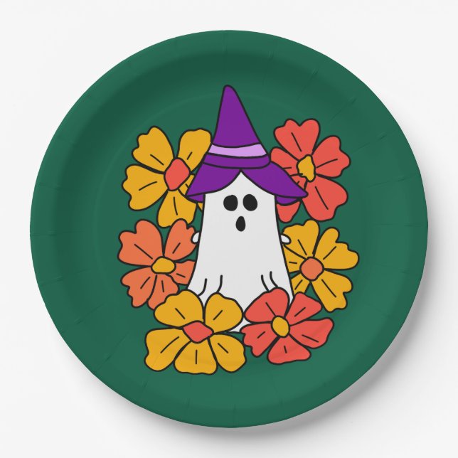 Niedlicher Halloween-Geist-Blume-Kranz Pappteller (Vorderseite)